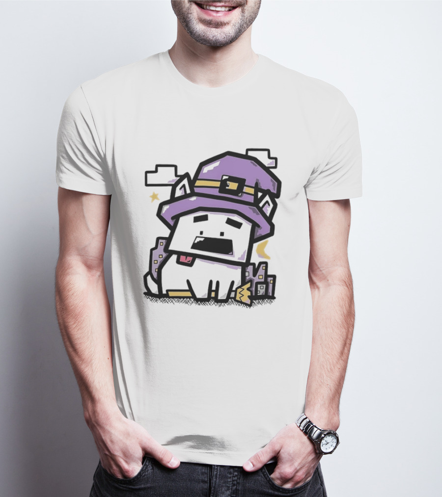 Pixel Cat Wearing Witch Hat Cute Halloween 8 Bit T-Shirt
