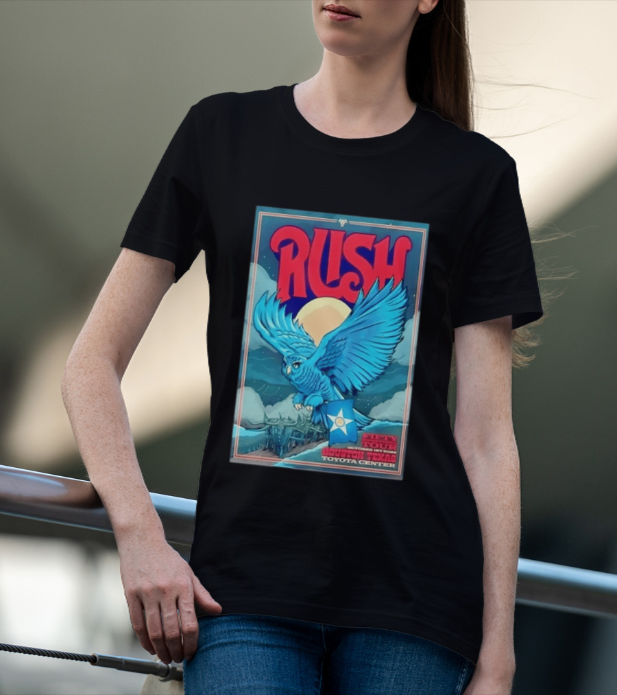 Rush Fifty Something Tour Houston Texas October 1st 2026 Toyota Center Blue Owl Moon Mountain Scene T-Shirt