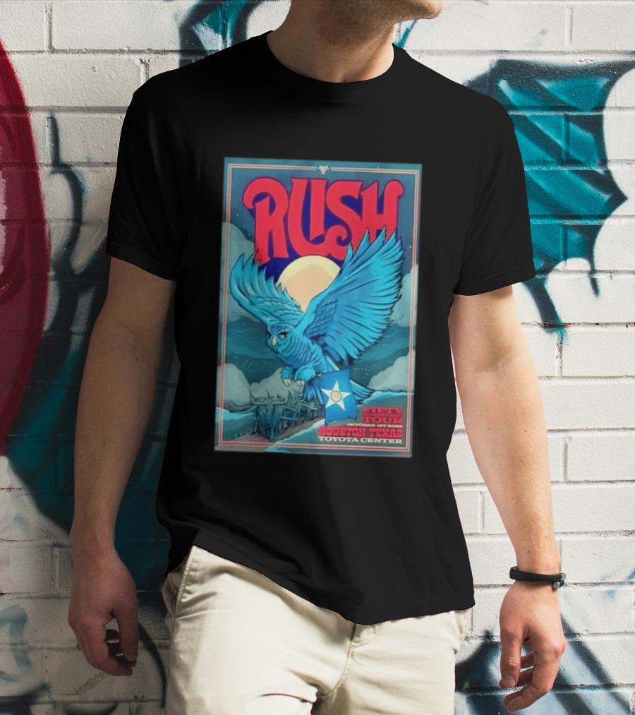Rush Fifty Something Tour Houston Texas October 1st 2026 Toyota Center Blue Owl Moon Mountain Scene T-Shirt