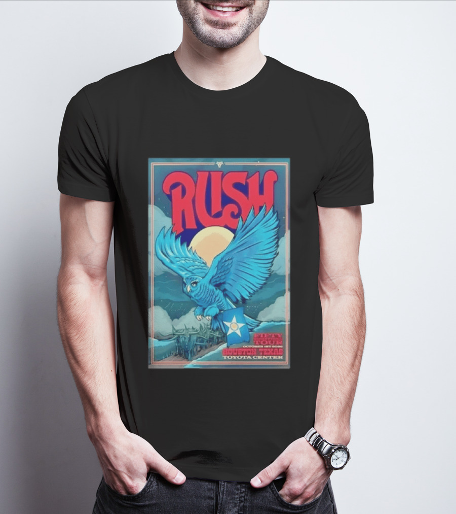 Rush Fifty Something Tour Houston Texas October 1st 2026 Toyota Center Blue Owl Moon Mountain Scene T-Shirt