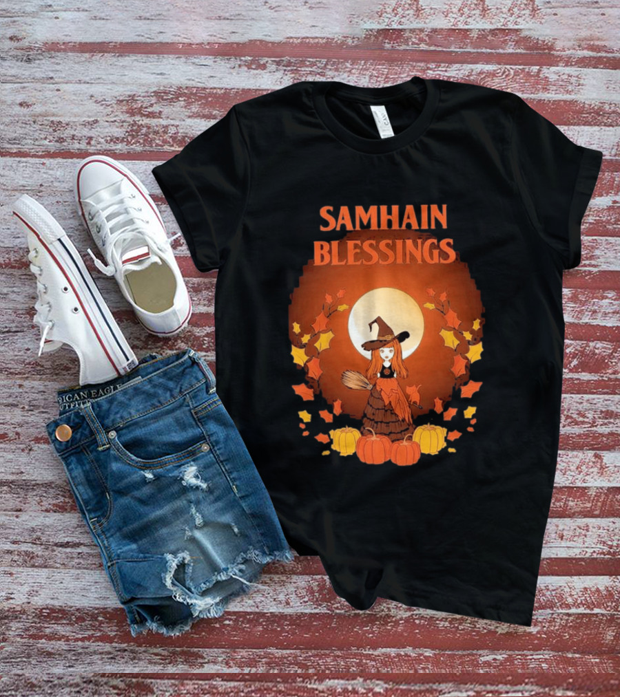 Samhain Blessings Little Witch And Pumpkin Magic Halloween T-Shirt
