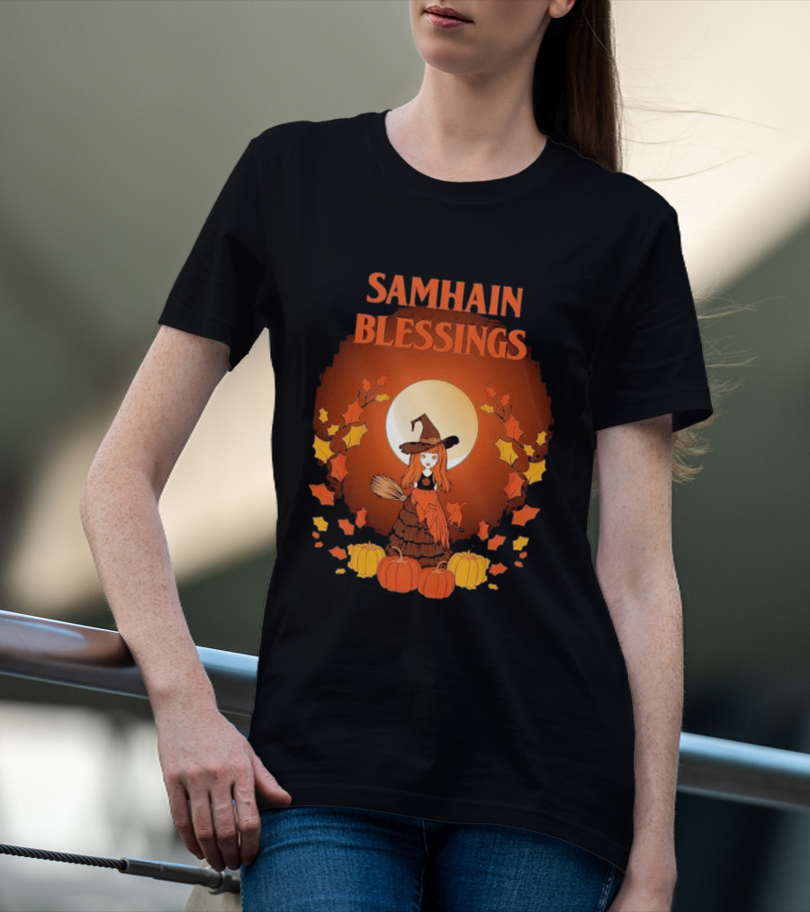 Samhain Blessings Little Witch And Pumpkin Magic Halloween T-Shirt