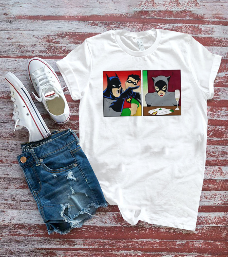 Batman Robin Yelling At Catwoman Meme Panel With Fish Plate And Wine Glass T-Shirt