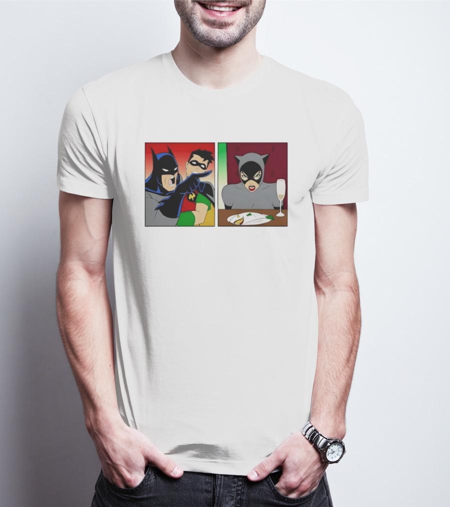 Batman Robin Yelling At Catwoman Meme Panel With Fish Plate And Wine Glass T-Shirt