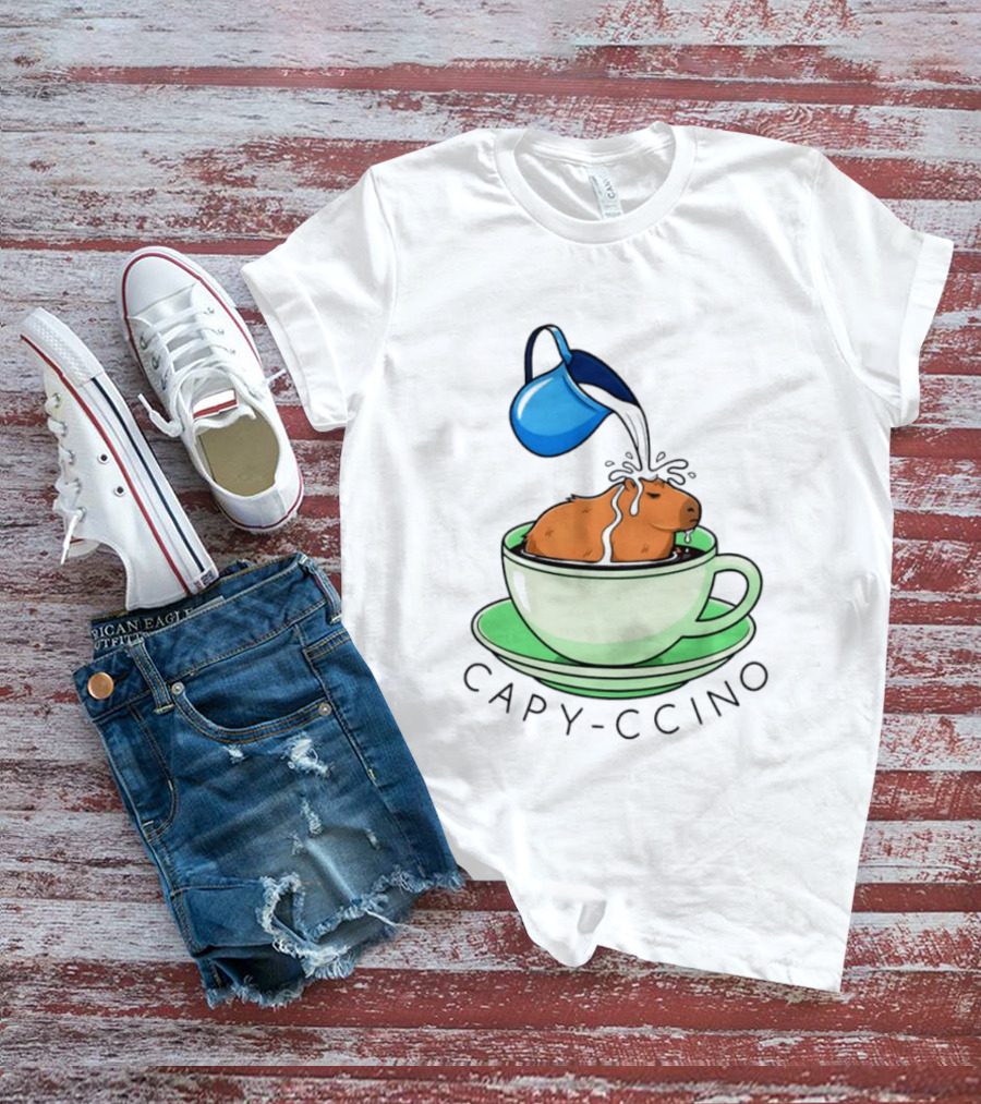 Capybara Coffee Capy Ccino In A Cup With Cappuccino Pouring Scene T-Shirt