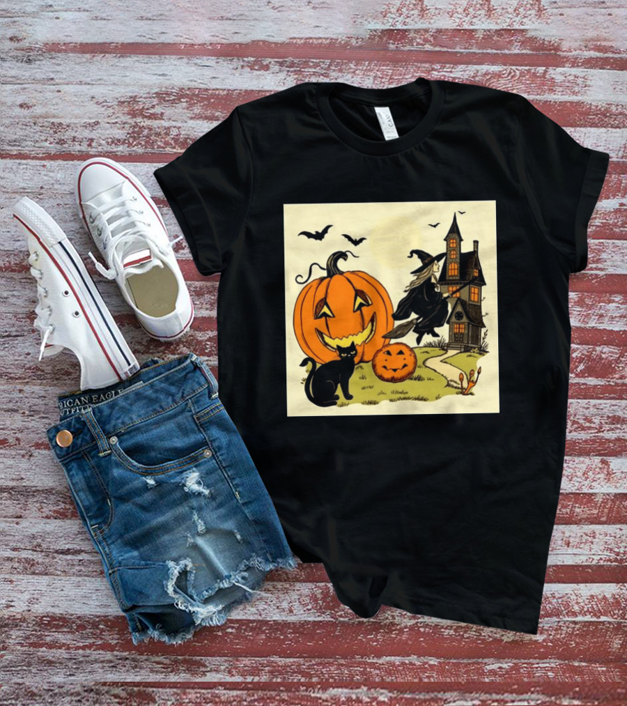 Spooktacular Halloween Black Cat Witch Pumpkin Haunted House T-Shirt