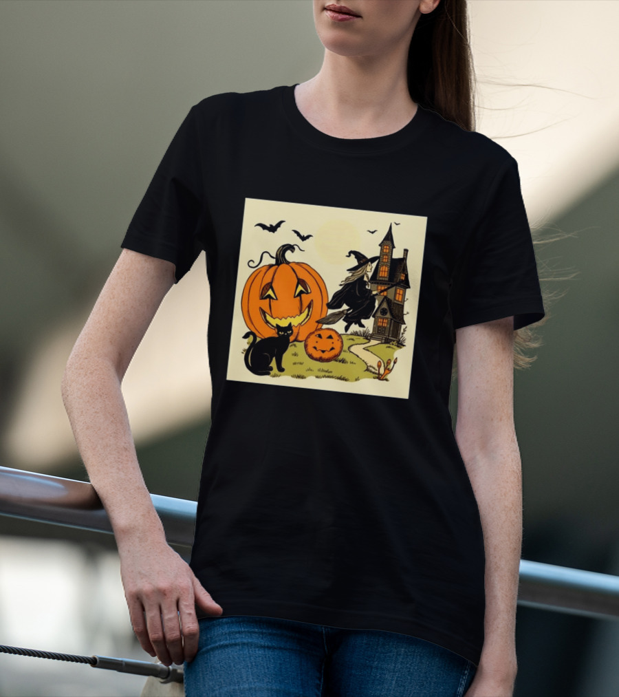 Spooktacular Halloween Black Cat Witch Pumpkin Haunted House T-Shirt