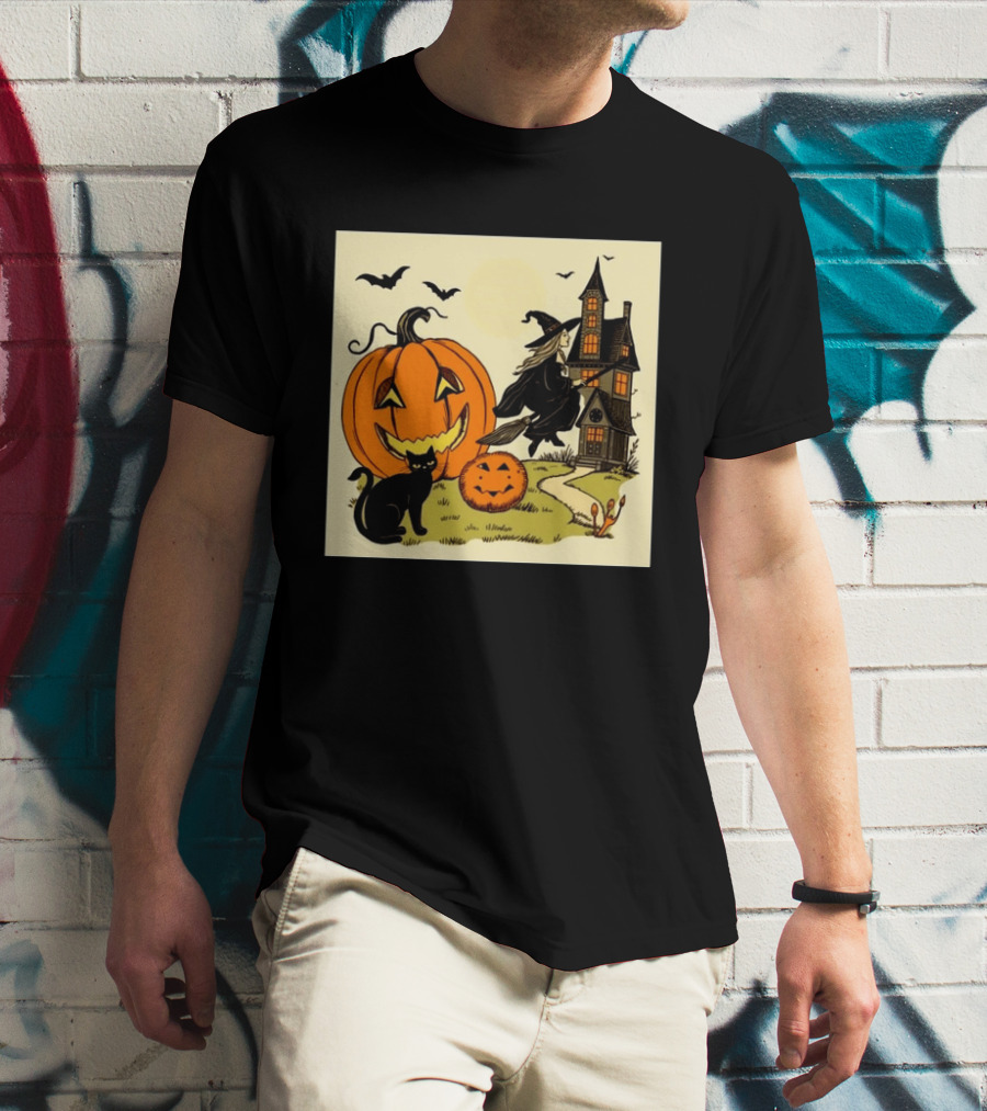 Spooktacular Halloween Black Cat Witch Pumpkin Haunted House T-Shirt