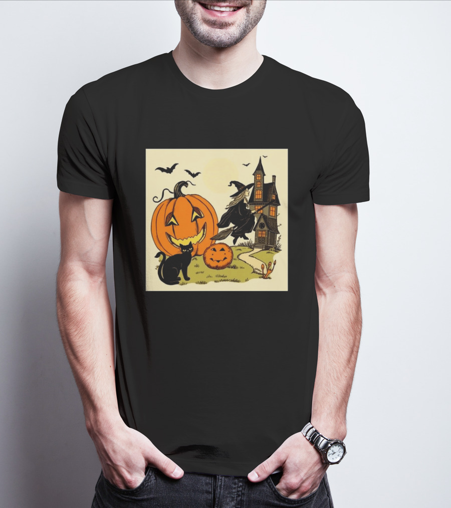Spooktacular Halloween Black Cat Witch Pumpkin Haunted House T-Shirt