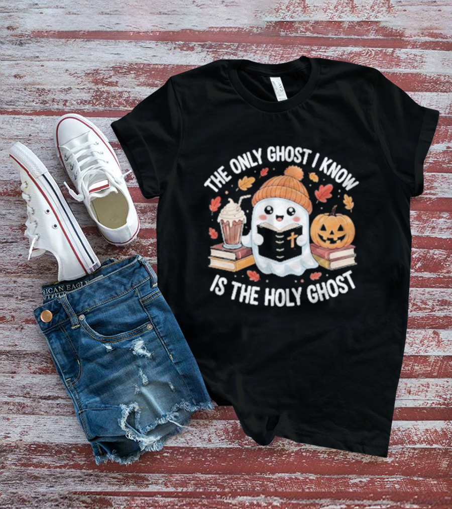The Only Ghost I Know Is The Holy Ghost Pumpkin Hat Latte Autumn Leaves T-Shirt