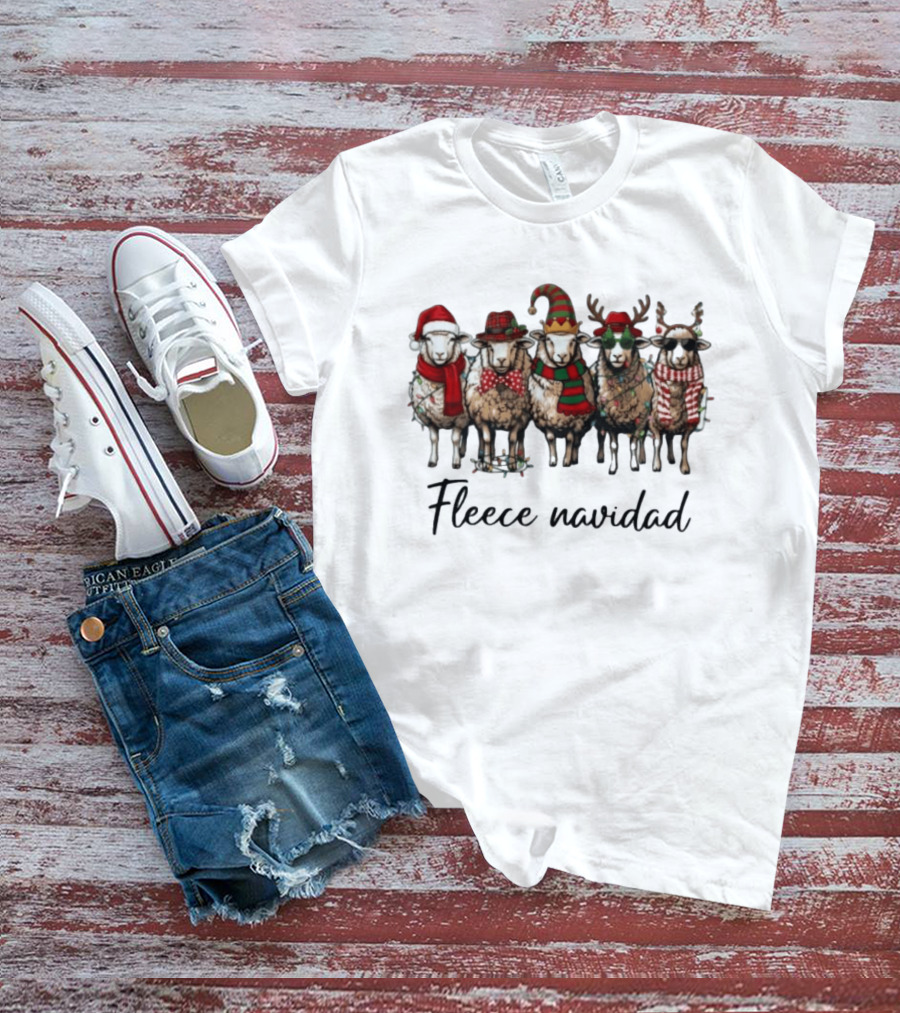 Fleece Navidad Christmas Sheep In Santa Hats Reindeer Antlers And Festive Scarves T-Shirt