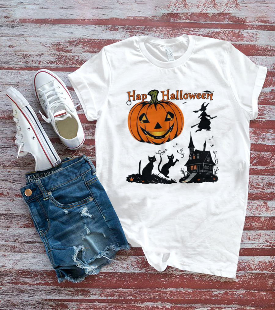 Happy Halloween Pumpkin Black Cats Witch Haunted House T-Shirt