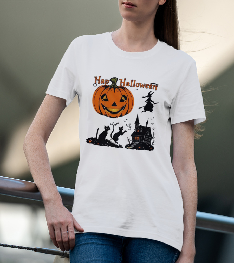 Happy Halloween Pumpkin Black Cats Witch Haunted House T-Shirt