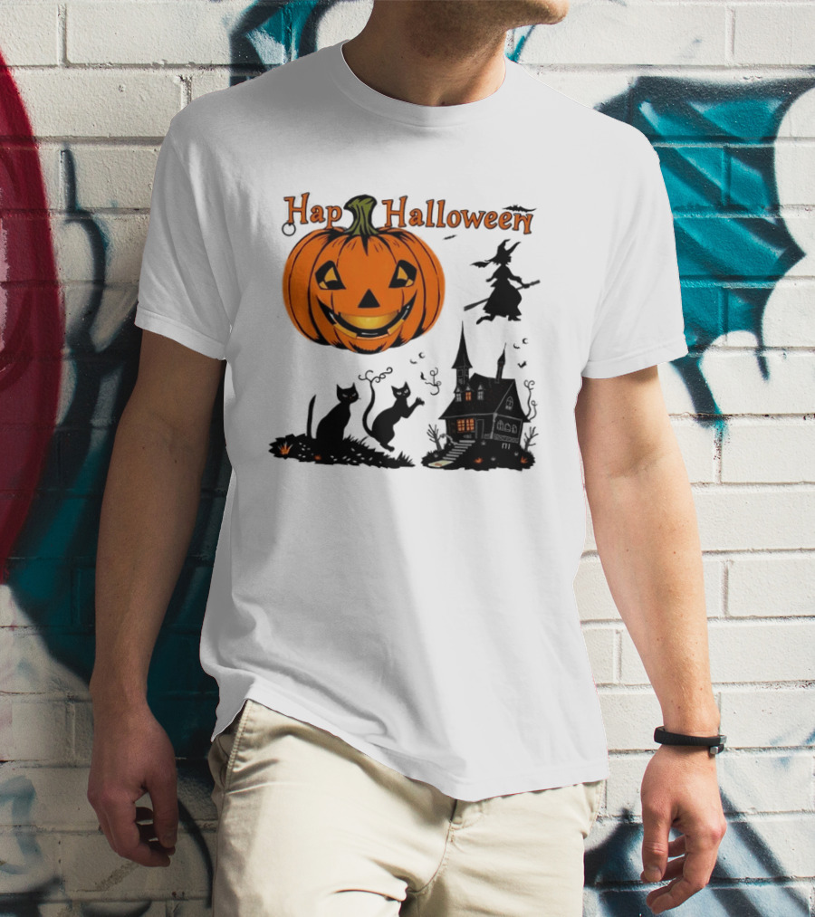Happy Halloween Pumpkin Black Cats Witch Haunted House T-Shirt