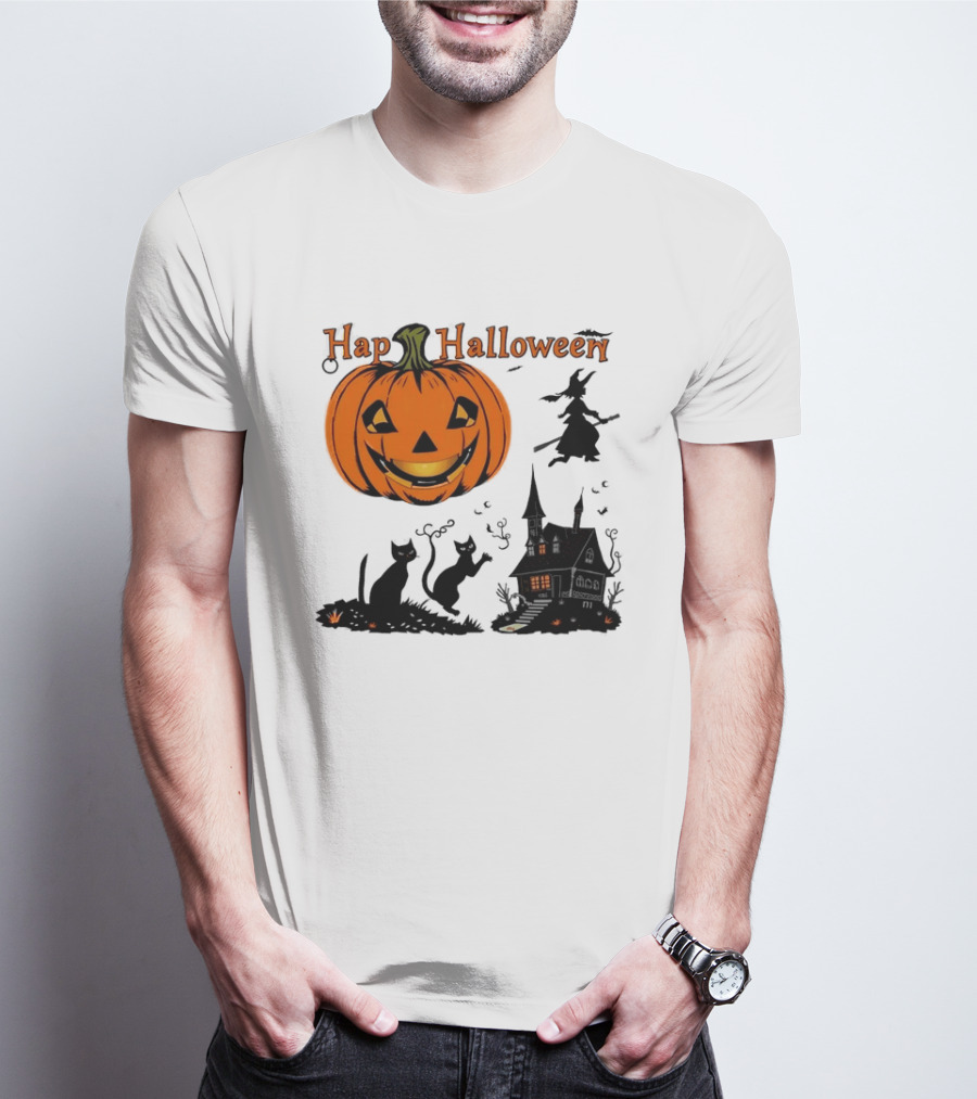 Happy Halloween Pumpkin Black Cats Witch Haunted House T-Shirt