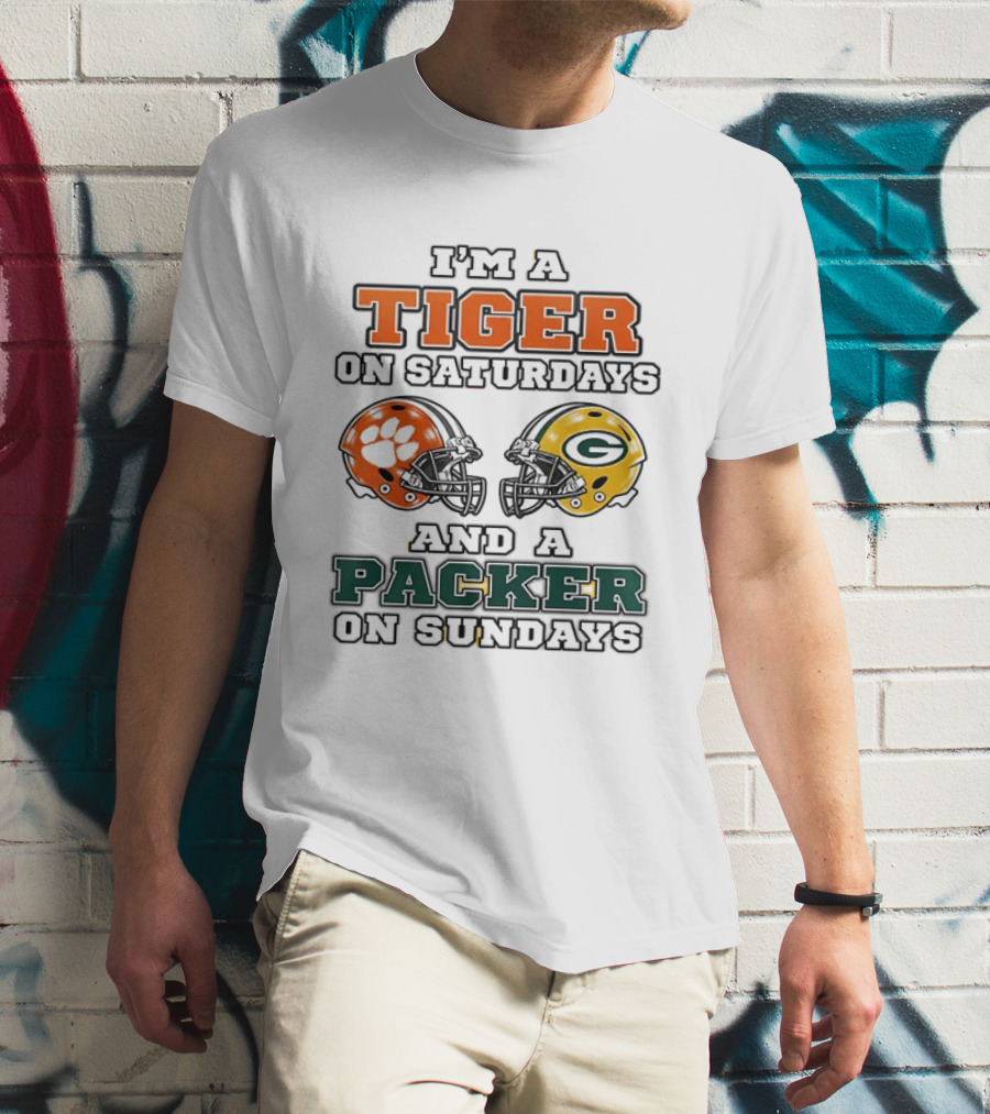Tiger On Saturdays Clemson Tigers Packer On Sundays Green Bay Packers Helmets T-Shirt