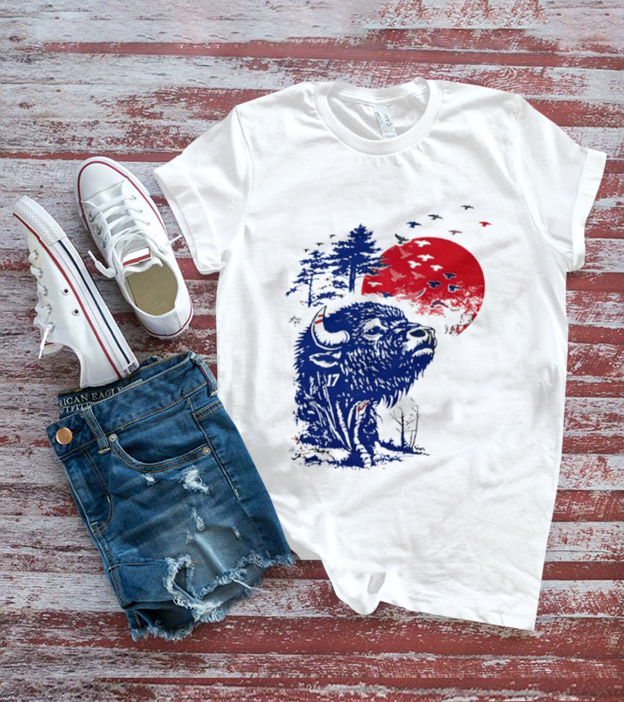 Buffalo Bills 17 Bison Sunset With Trees And Red Sun T-Shirt