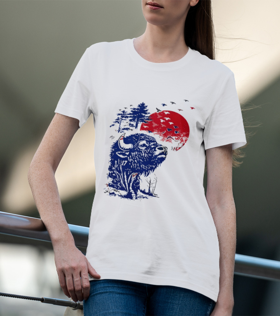 Buffalo Bills 17 Bison Sunset With Trees And Red Sun T-Shirt