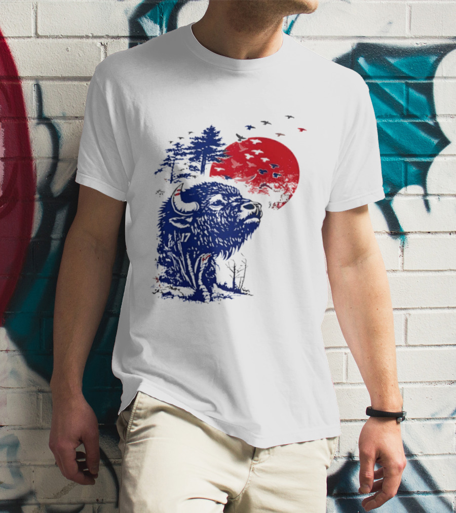 Buffalo Bills 17 Bison Sunset With Trees And Red Sun T-Shirt