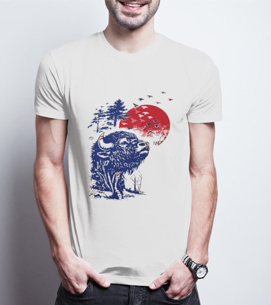 Buffalo Bills 17 Bison Sunset With Trees And Red Sun T-Shirt