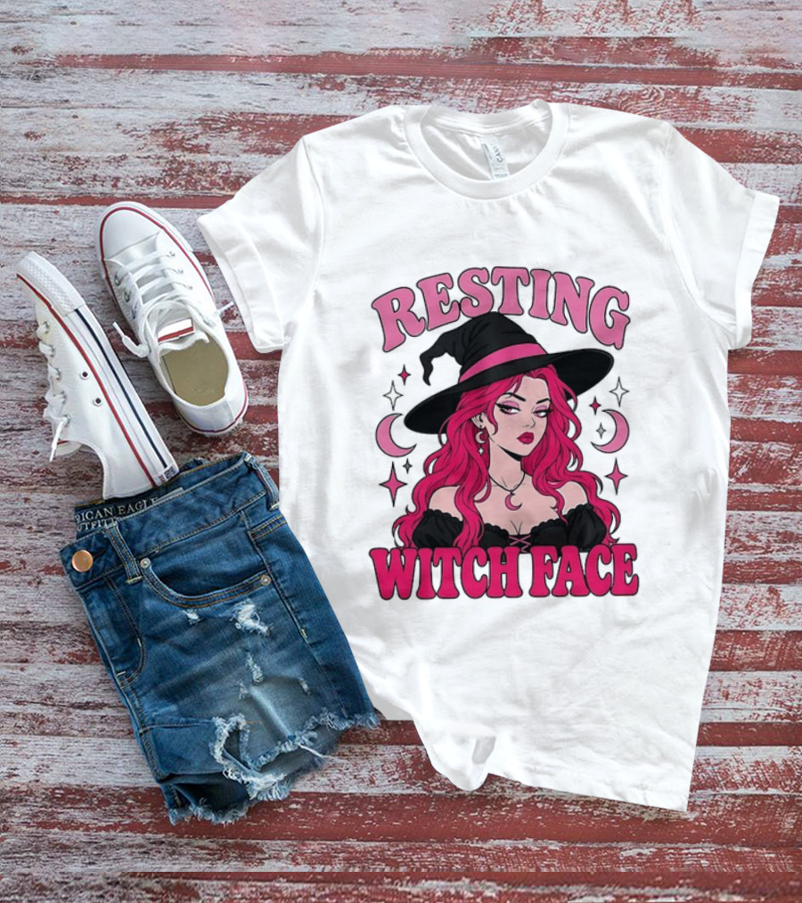 Resting Witch Face Pink Witch Hat Halloween Aesthetic T-Shirt