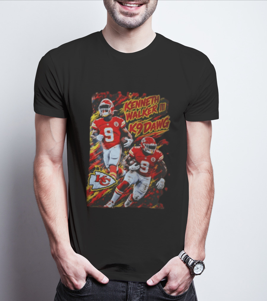 Kansas City Chiefs Kenneth Walker III K9 Dawg 9 Red Gold Football Team Fan Gear T-Shirt