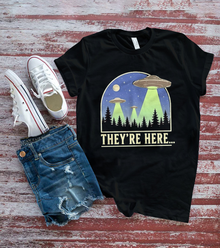 They're Here UFO Alien Abduction Night Forest Scene T-Shirt
