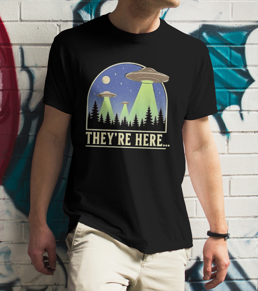 They're Here UFO Alien Abduction Night Forest Scene T-Shirt