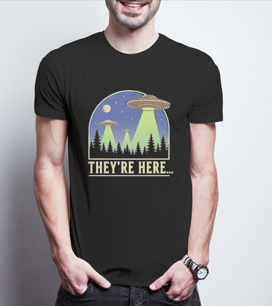 They're Here UFO Alien Abduction Night Forest Scene T-Shirt