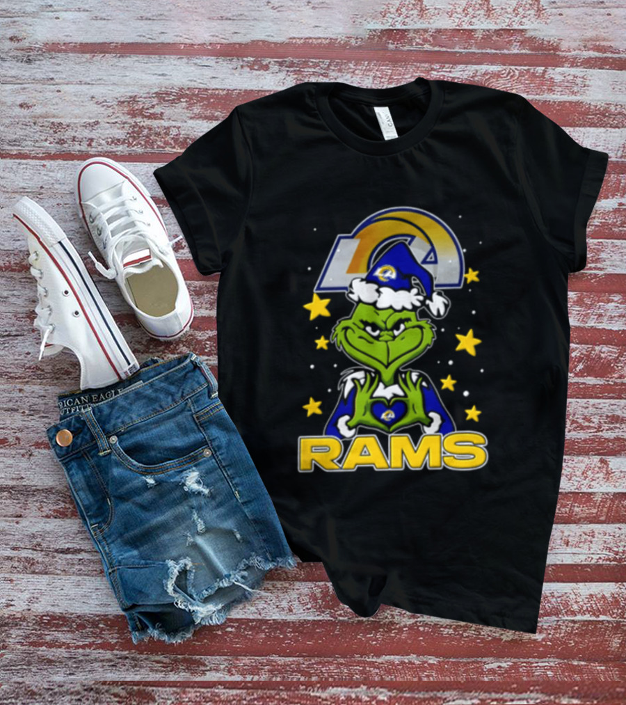 Los Angeles Rams Grinch Santa Hat Christmas Cartoon Fan Gear T-Shirt