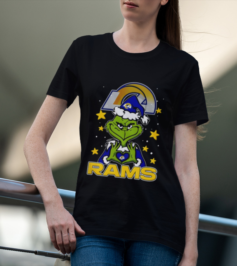 Los Angeles Rams Grinch Santa Hat Christmas Cartoon Fan Gear T-Shirt
