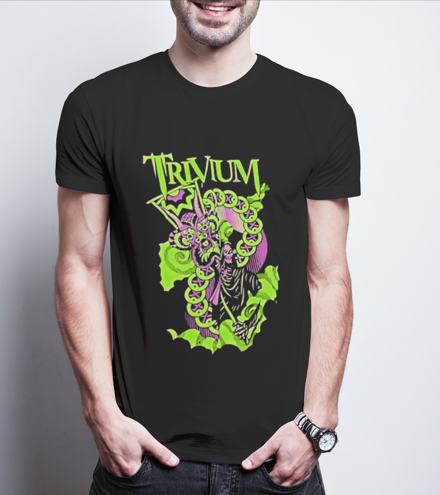 Trivium Dragon And Grim Reaper Heavy Metal Neon Green Purple T-Shirt