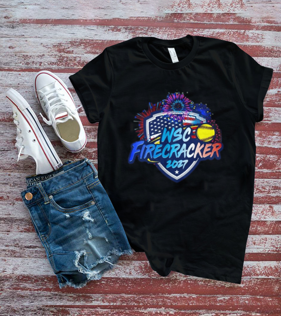 WSC Firecracker 2027 Softball Patriotic Shield Fireworks Yellow Ball Stars T-Shirt
