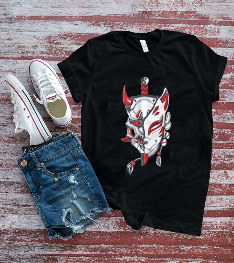 Oni Kitsune Mask Split Samurai Katana Fusion T-Shirt
