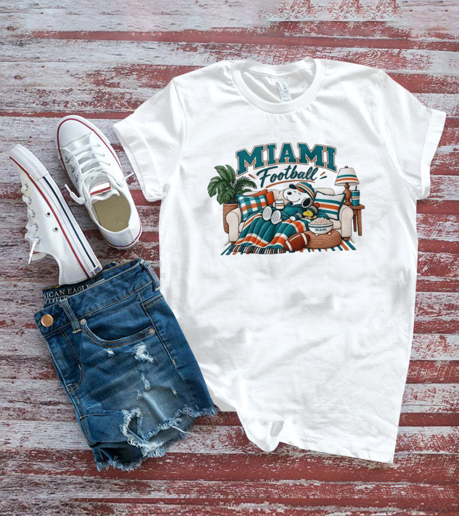 Miami Dolphins Snoopy Woodstock Couch With Miami Football T-Shirt