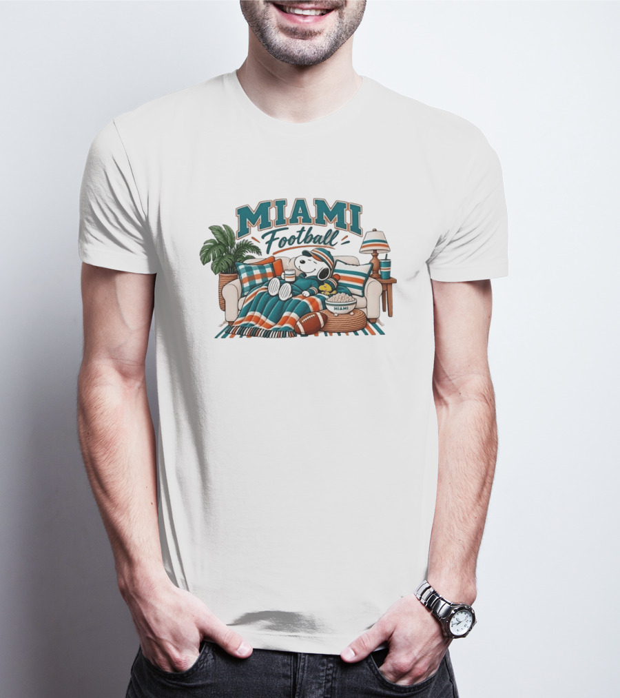 Miami Dolphins Snoopy Woodstock Couch With Miami Football T-Shirt