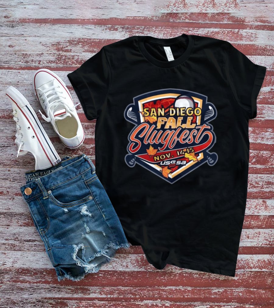San Diego Fall Slugfest Nov 14 15 USSSA Baseball Event With Autumn Leaves And Bat T-Shirt