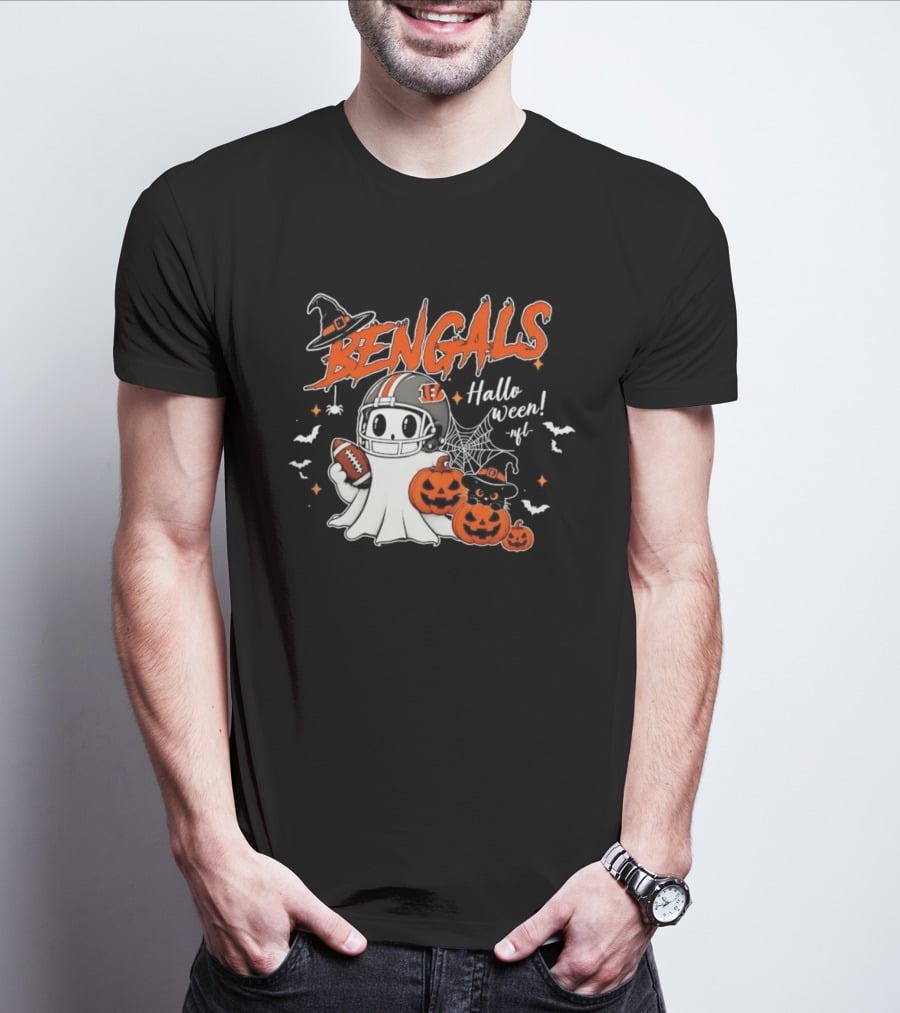 Bengals Halloween Ghost Football Pumpkin Helmets Spooky Scene T-Shirt