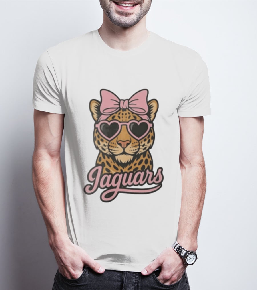 Jacksonville Jaguars Leopard Pink Bow Heart Sunglasses T-Shirt