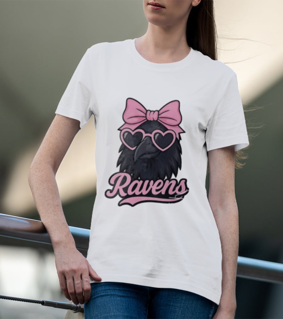 Ravens Raven Pink Bow Heart Sunglasses T-Shirt