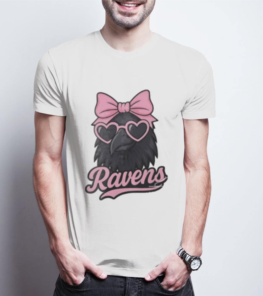 Ravens Raven Pink Bow Heart Sunglasses T-Shirt