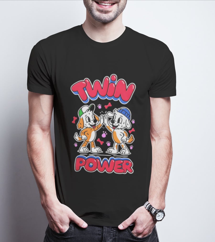 Twin Power Puppy High Five Playful Dogs T-Shirt