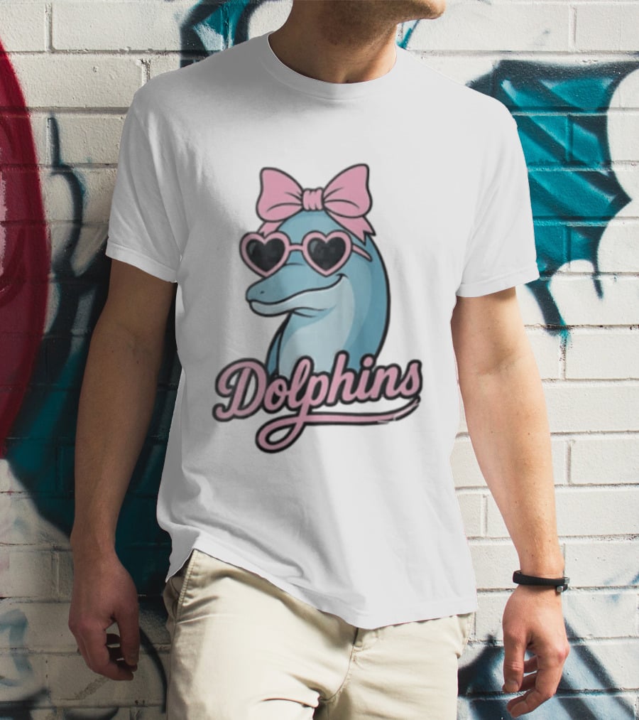 Dolphins Blue Dolphin Pink Bow Heart Sunglasses T-Shirt