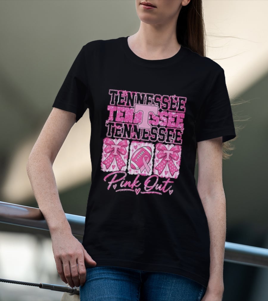 Tennessee Volunteers Pink Out Breast Cancer Awareness Game Day Football Bow Ribbons T-Shirt