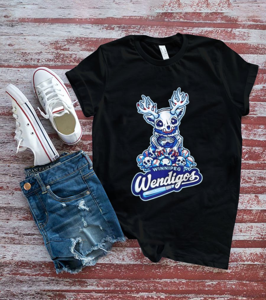 Winnipeg Wendigos Baseball Skull With Antlers And Blue Bats T-Shirt