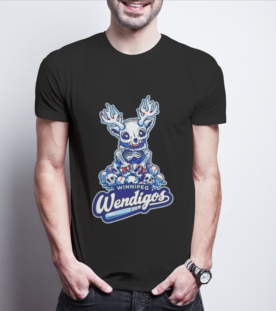 Winnipeg Wendigos Baseball Skull With Antlers And Blue Bats T-Shirt