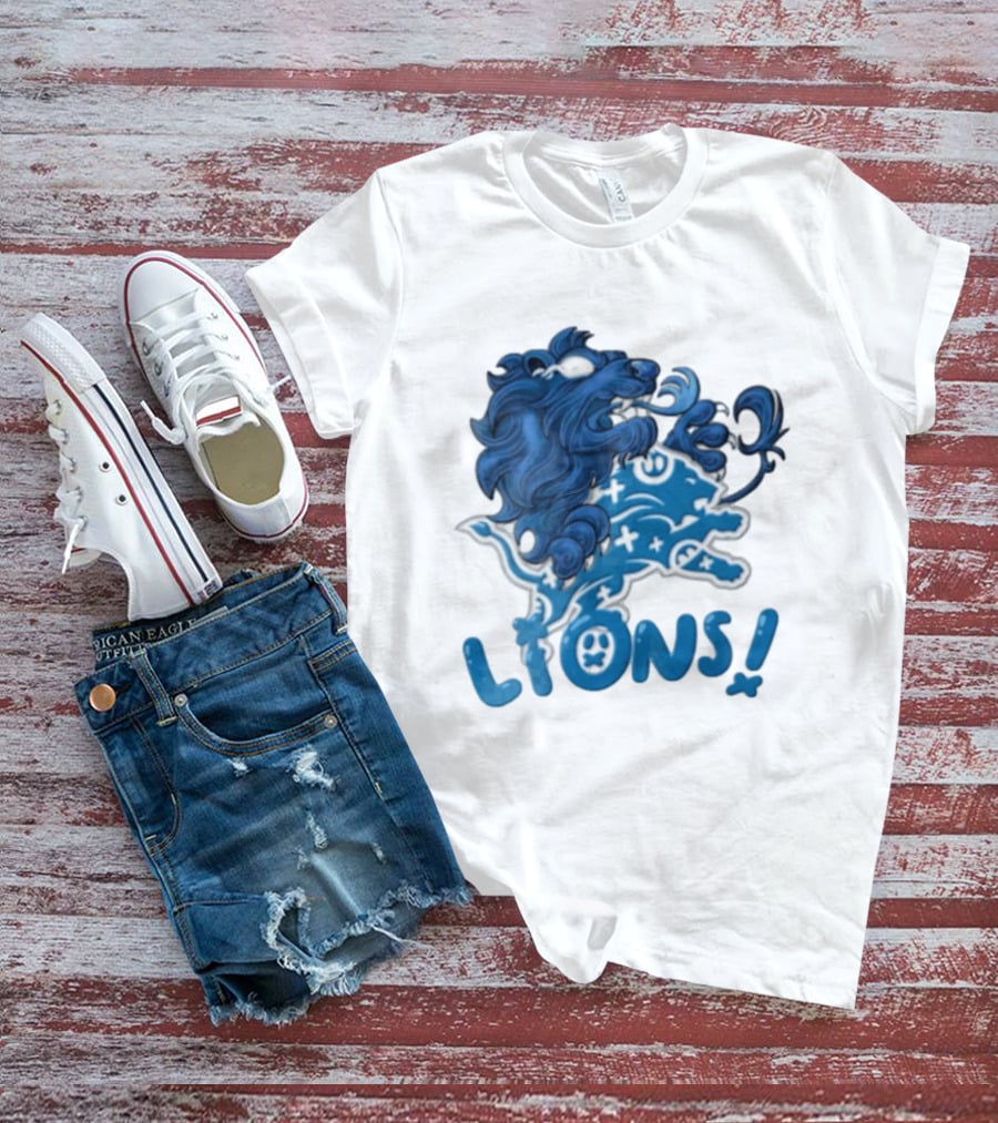 Detroit Lions Blue Lion Roaring Mascot With Playful Lettering T-Shirt