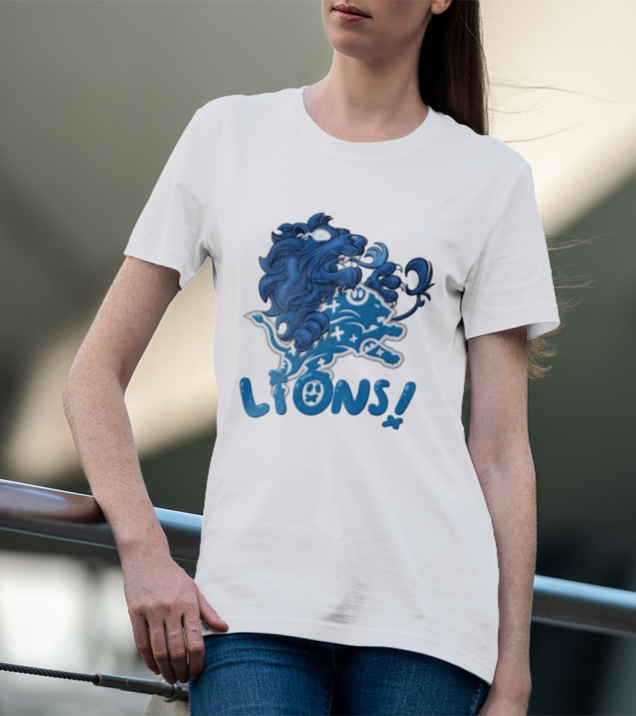 Detroit Lions Blue Lion Roaring Mascot With Playful Lettering T-Shirt