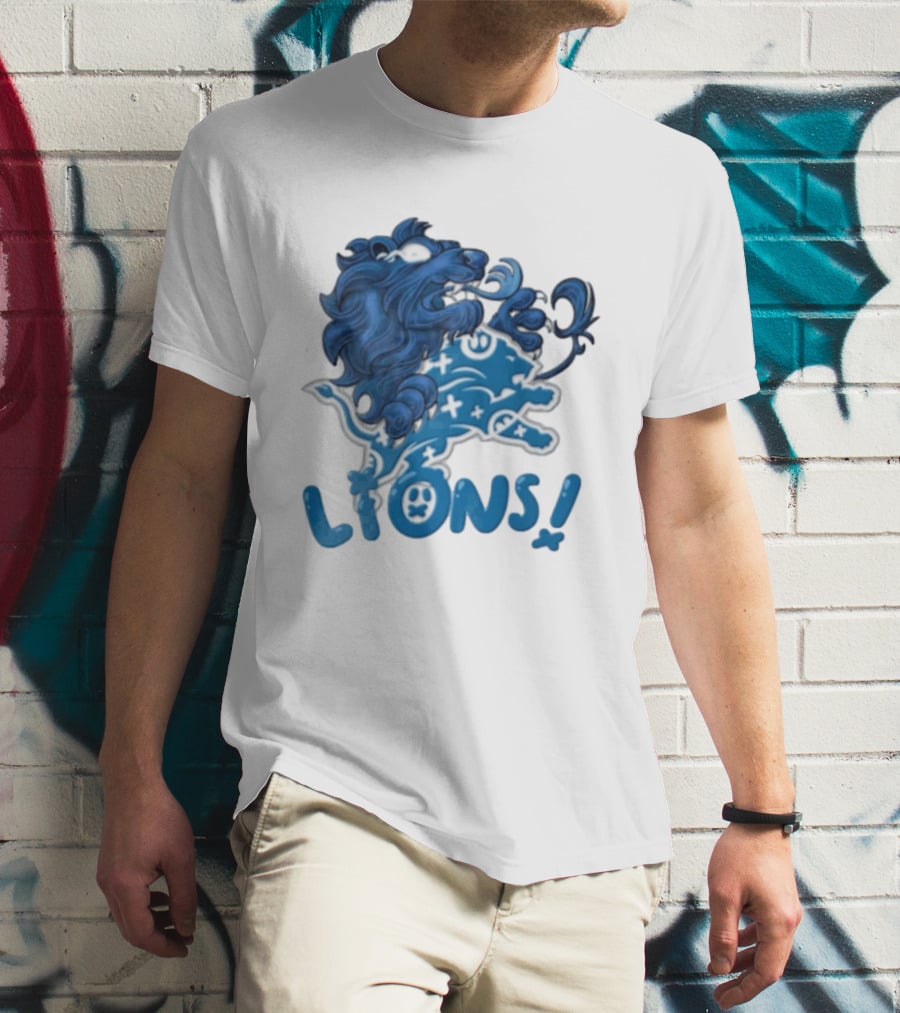 Detroit Lions Blue Lion Roaring Mascot With Playful Lettering T-Shirt
