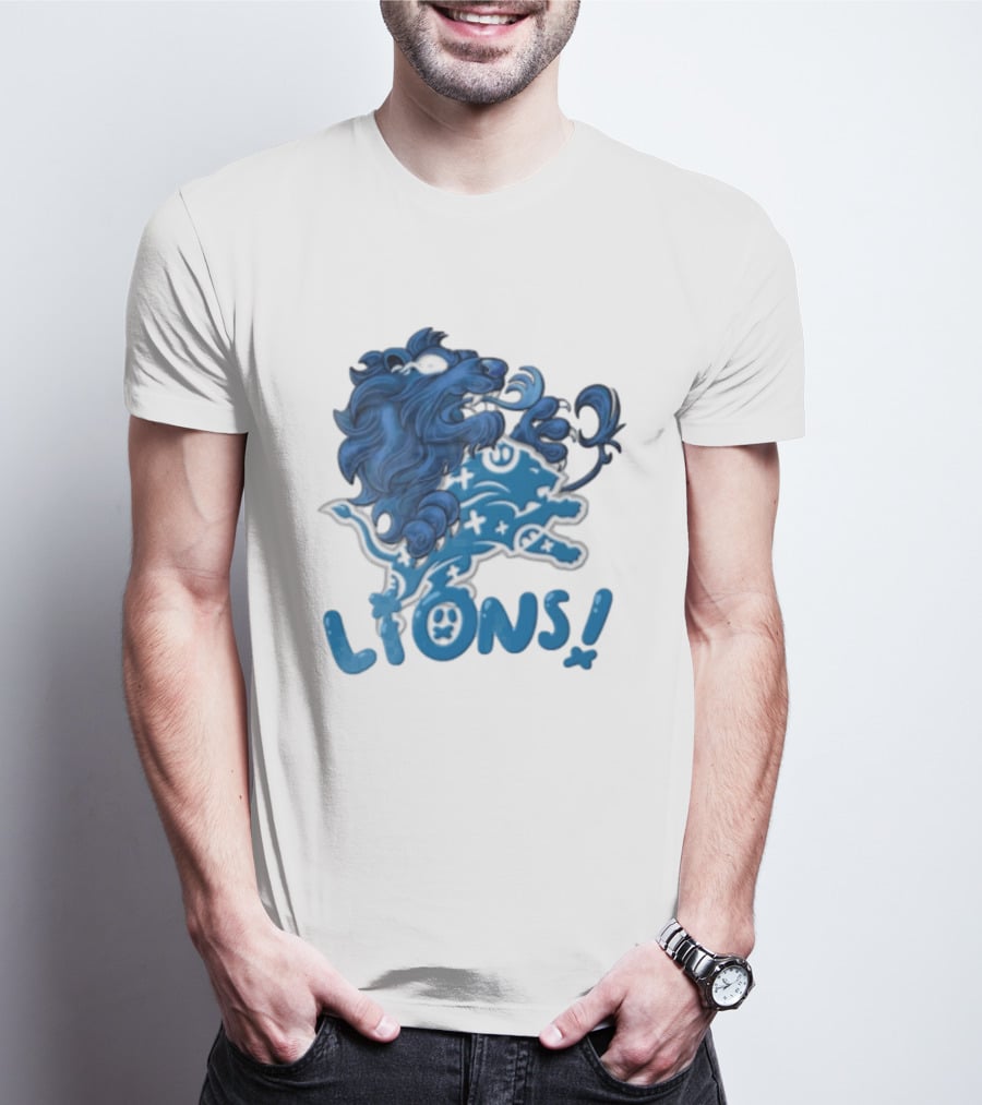 Detroit Lions Blue Lion Roaring Mascot With Playful Lettering T-Shirt